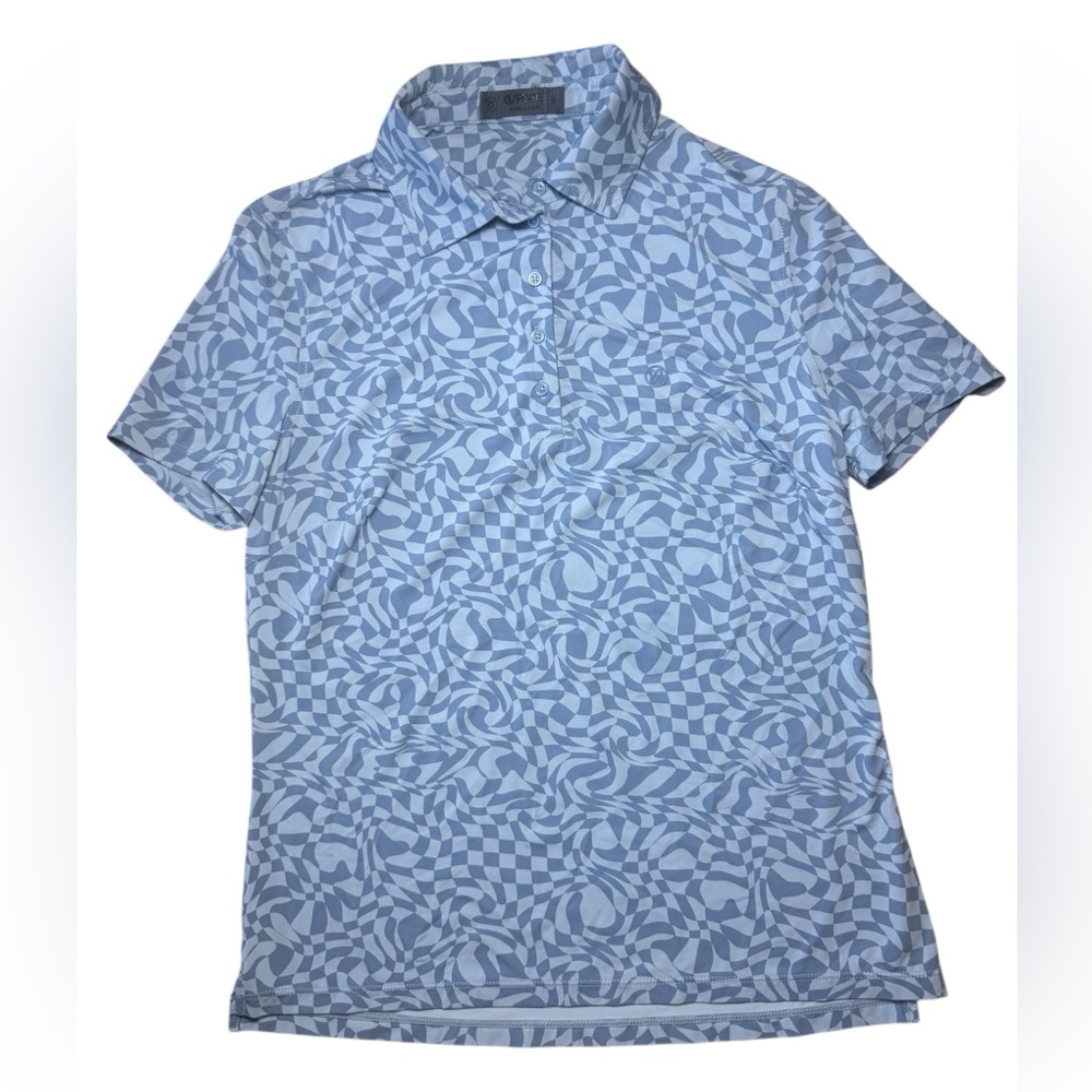 G/Fore Women's Sz Small Blue Distorted Check Silky Tech Golf Polo Nylon Fjord
